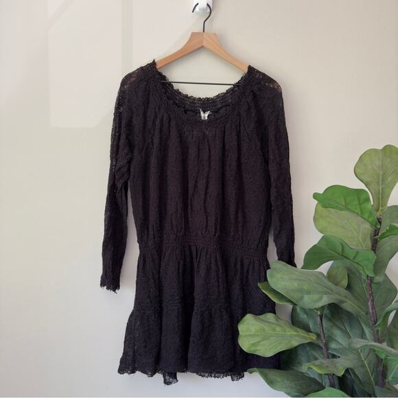 Free People Dresses & Skirts - Free People Black Lace Dress Long Sleeve Round Neck USA Made Boho Festival Lined